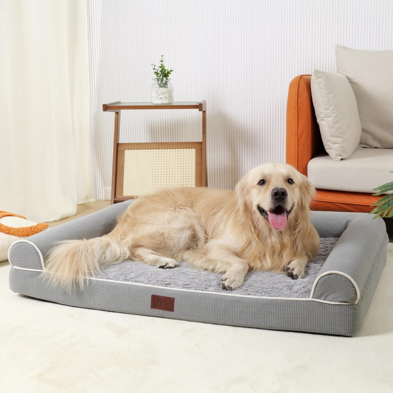 Dog Bed White Piping Heather Grey Bolstered Orthopedic Faux Fur