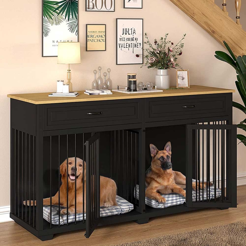 Dog Crate Furniture Console Top, Matte Black Dual Compartment Drawers