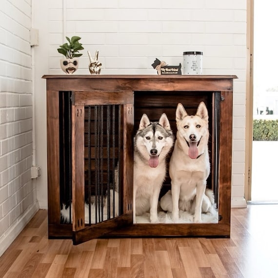 Dog Crate Furniture Dual Purpose Sideboard, Dark Stained Wood Pet Bed