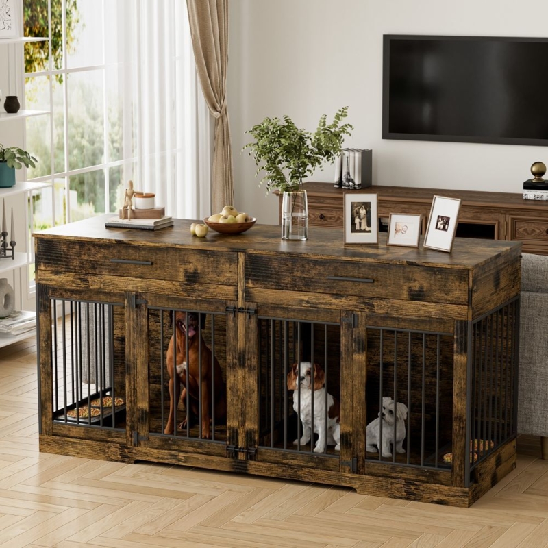 Dog Crate Furniture Integrated Feeding Bowls, Rustic Double Compartment