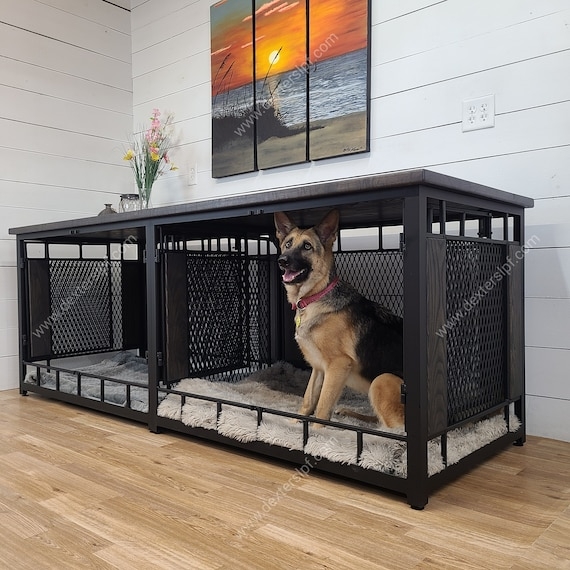 Dog Crate Furniture Mesh Panels, Matte Black Walnut Tabletop Surface