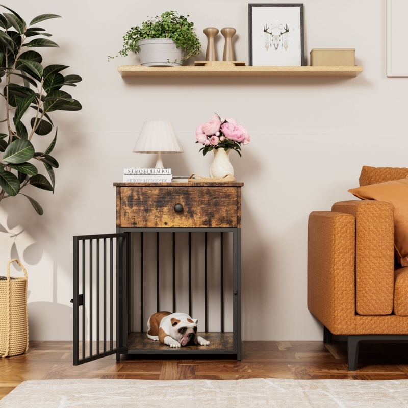 Dog Crate Furniture Metal Grate, Distressed Wood Top Drawer Side Table