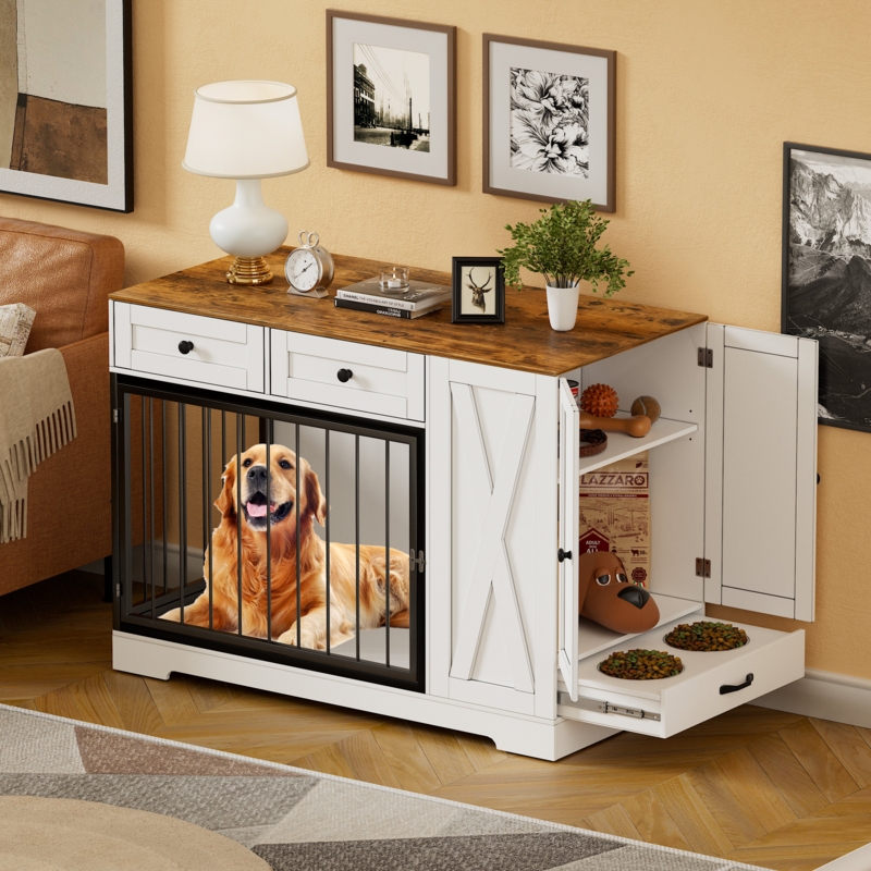 Dog Crate Furniture Pull-Out Bowls, White Kennel Cabinet Drawers