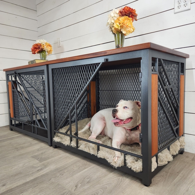 Dog Crate Furniture Set Industrial Bracing, Diamond Mesh Walnut Top