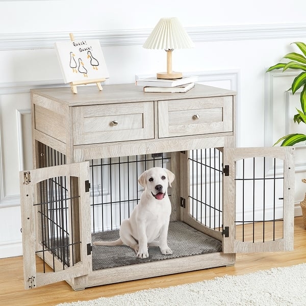 Dog Crate Furniture Side Table Light Oak Finish Two Storage Drawers