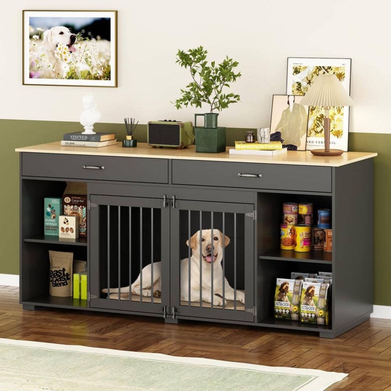 Dog Crate Furniture Sideboard Storage, Charcoal Gray Open Shelving