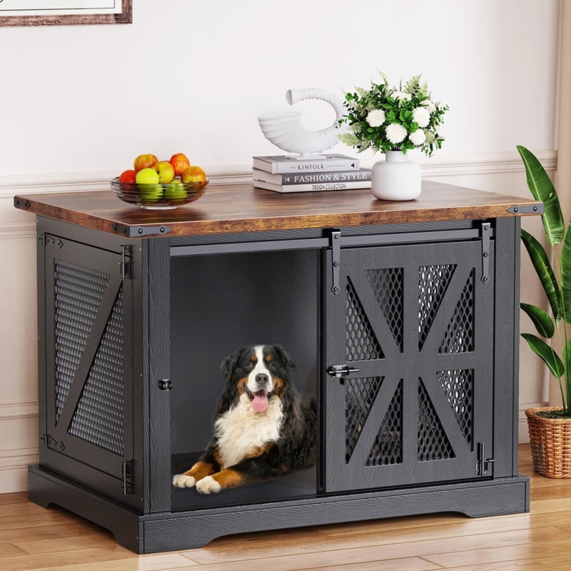 Dog Crate Furniture Sliding Barn Door, Matte Black Diamond Mesh Console
