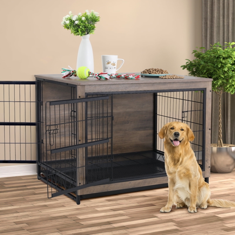 Dog Crate Furniture Tabletop Surface, Walnut Industrial Rustic Cage