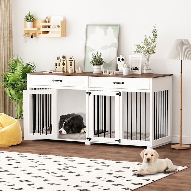 Dog Crate Furniture Two-Room Design, White Drawer Storage Console