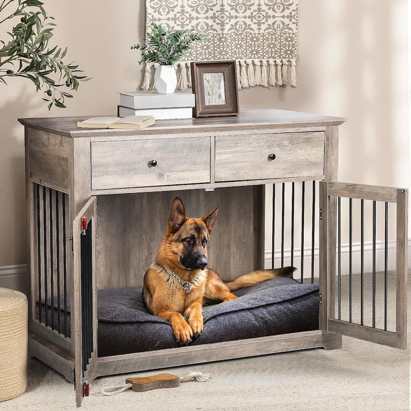 Dog Crate Furniture Weathered Grey, Dual Storage Drawers End Table