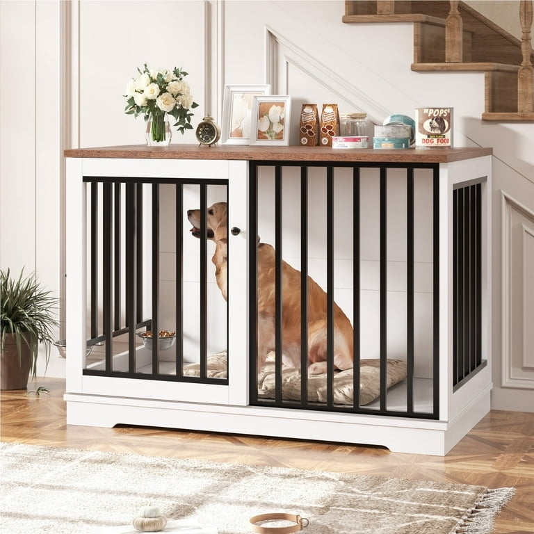 Dog Crate Table Two-Tone Sliding Door with Integrated Feeding Bowls