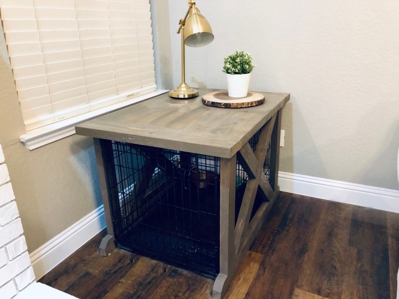 Dog Crate Table Weathered Grey X-Brace Side Detail Chunky Legs
