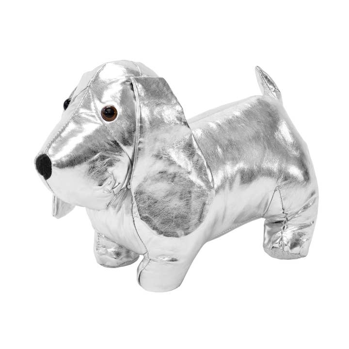 Dog Door Stop in Shimmering Silver Foil Texture Fabric
