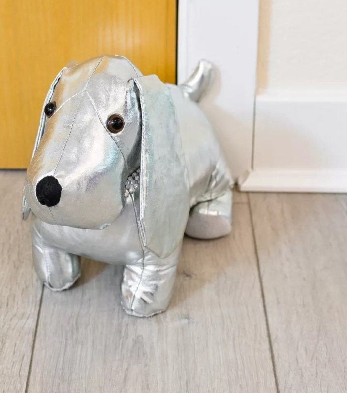 Dog Doorstop in Metallic Silver Fabric with Pearl Collar