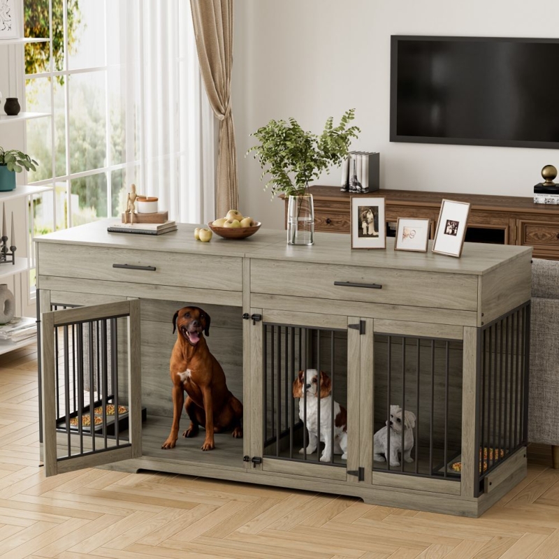 Dog Kennel Furniture Multi-Compartment, Weathered Grey Dual Drawers