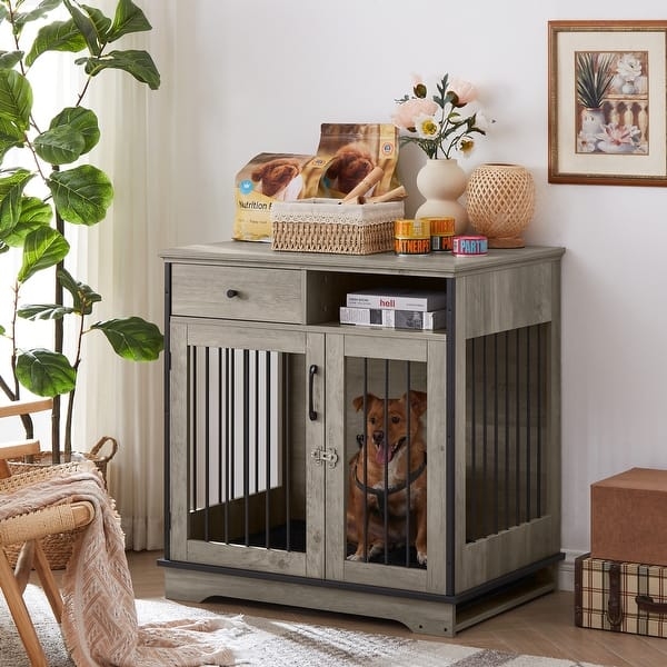 Dog Kennel Furniture Weathered Gray Open Cubby Storage Drawer