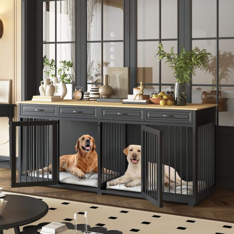 Dog Kennel Sideboard Wood Top Finish, Matte Black Four Drawers Double