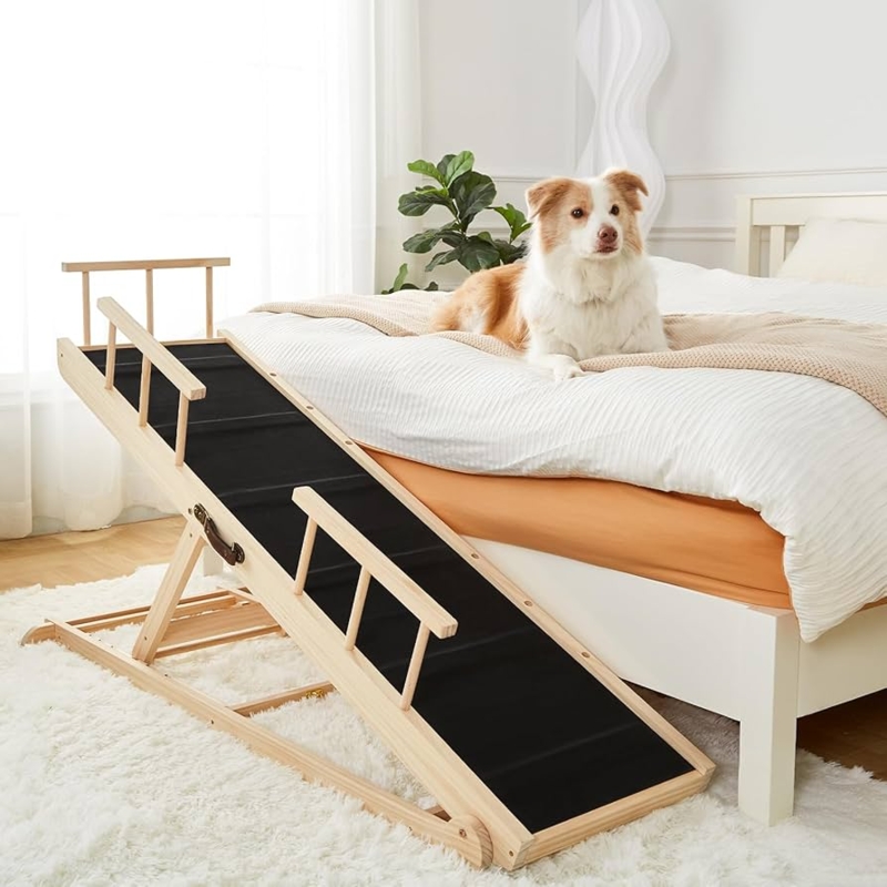 Dog Ramp Carry Handle Blonde Wood Adjustable Foldable For Bed Non Slip