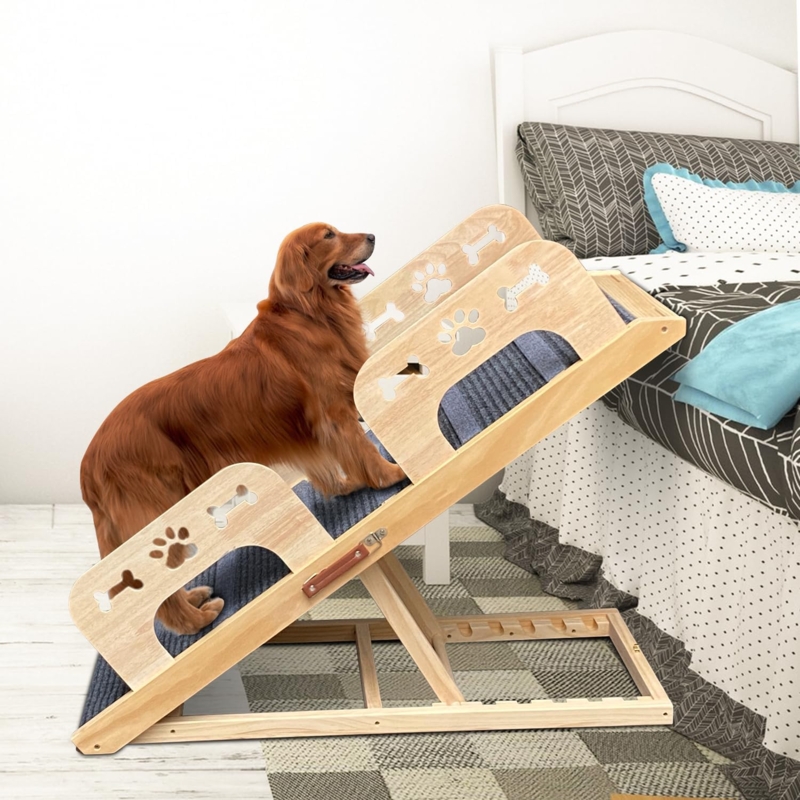 Dog Ramp Decorative Paw Cutouts Light Wood Portable Handle