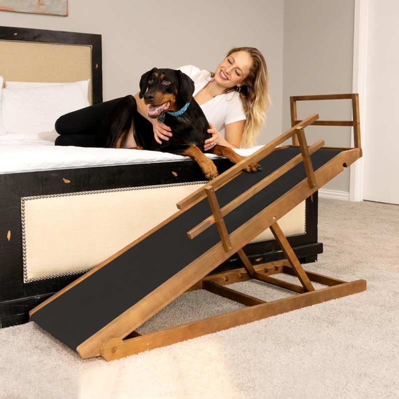Dog Ramp Transitional Style Walnut Finish Adjustable Height