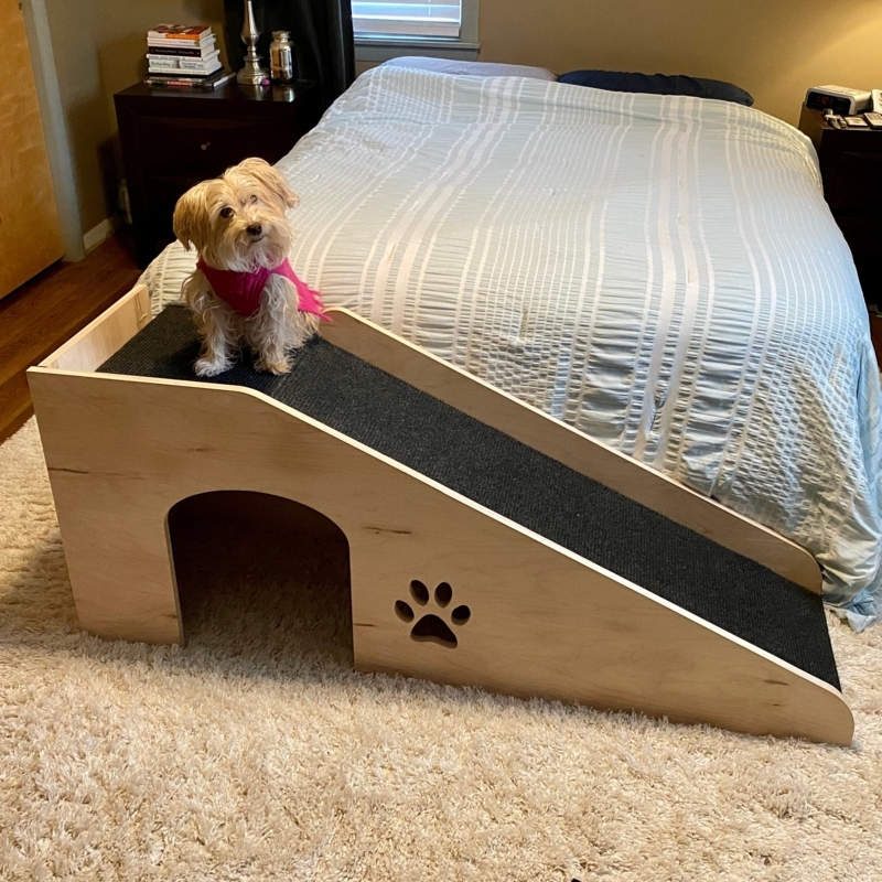 Dog Ramp with Pet Cubby Plywood Paw Print Cutout