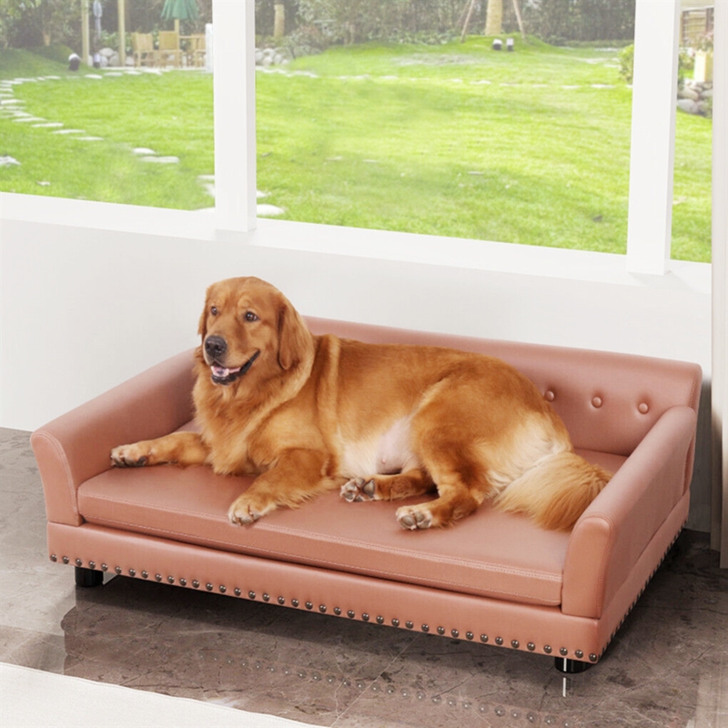 Dog Sofa: Warm Terracotta Leather-Like with Tufted Backrest and Nailhead.