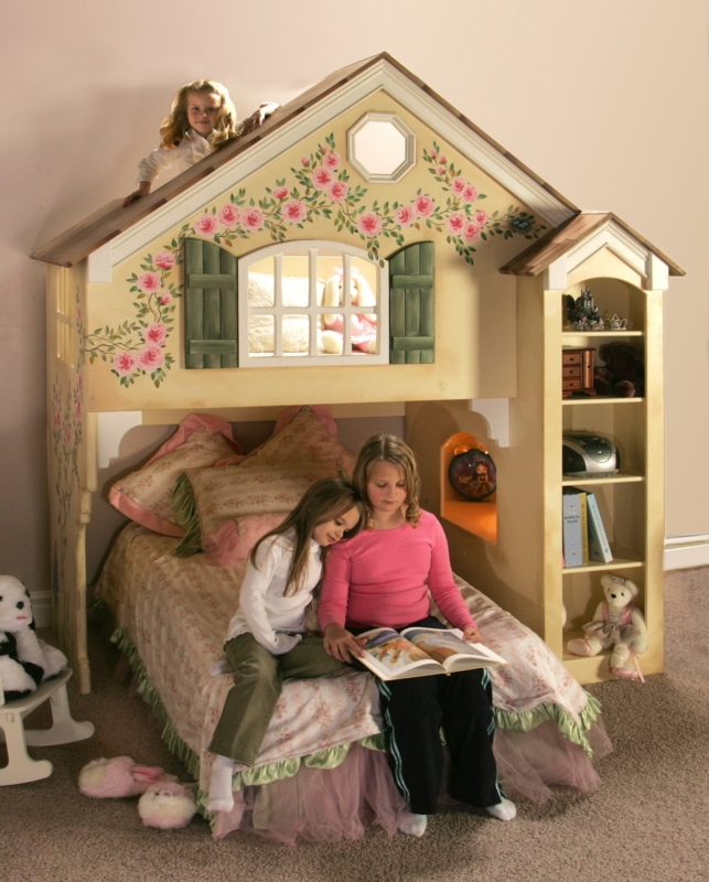 Dollhouse Bunk Bed Twin Over Full with Hand-Painted Floral Mural