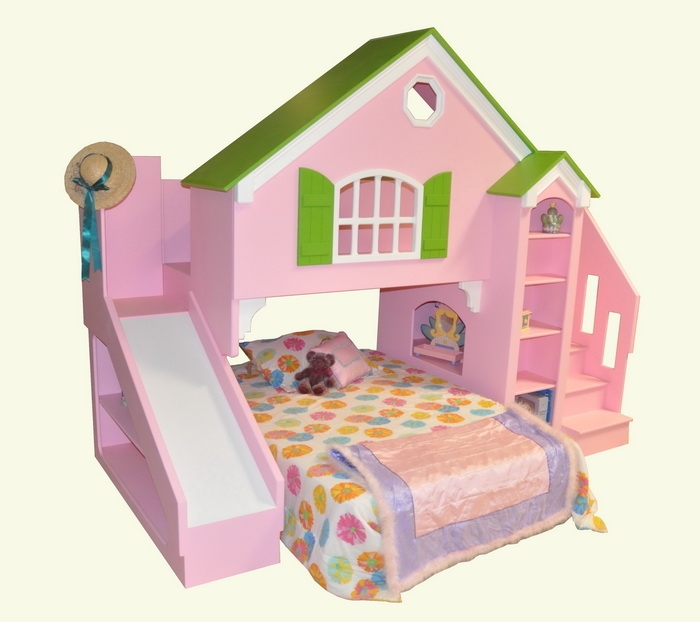 Dollhouse Loft Bed with Integrated Slide and Staircase Storage