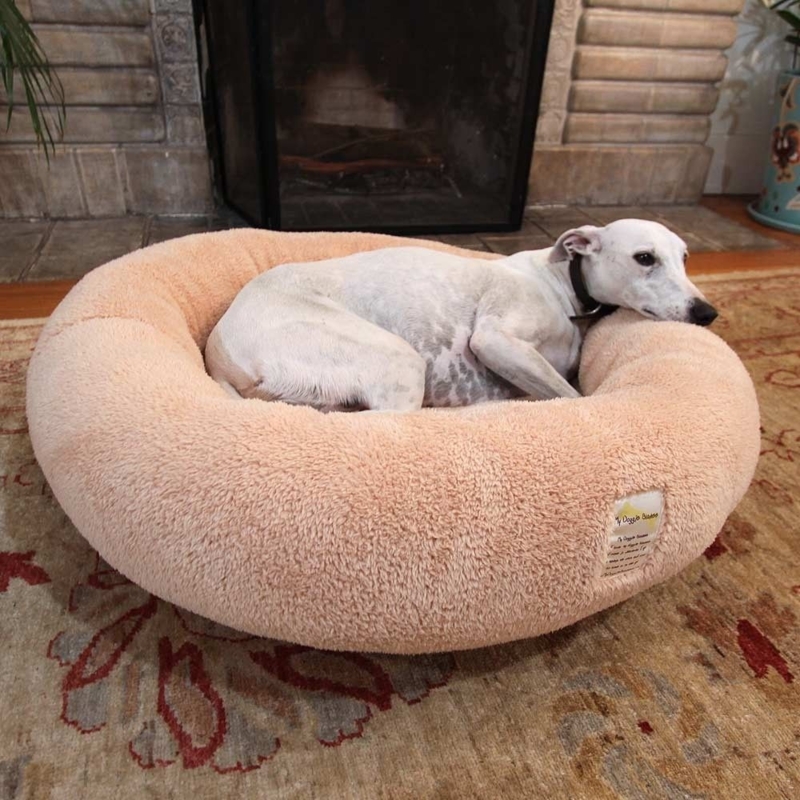 Donut Dog Bed, Peach Apricot Shaggy Faux Fur Bolster
