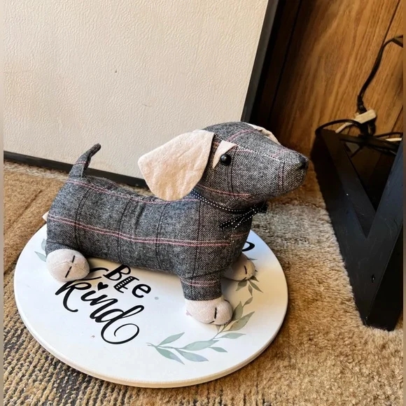 Door Stopper in Grey Plaid Fabric with Ribbon Bow Tie