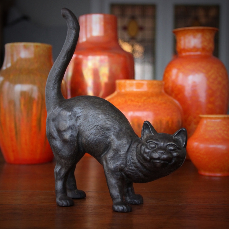 Doorstop Cat Silhouette Arched Back Matte Black Cast Iron