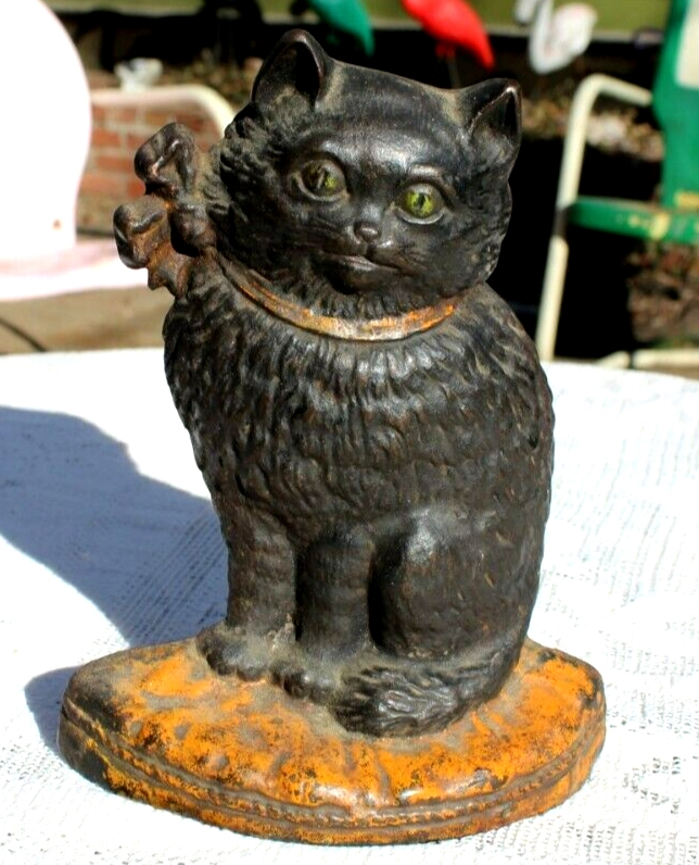 Doorstop Cat Statue Molded Fur Texture Ribbon Bow Detail