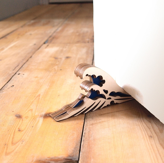 Doorstop Wave Design Layered Construction Laser Cut Natural Wood