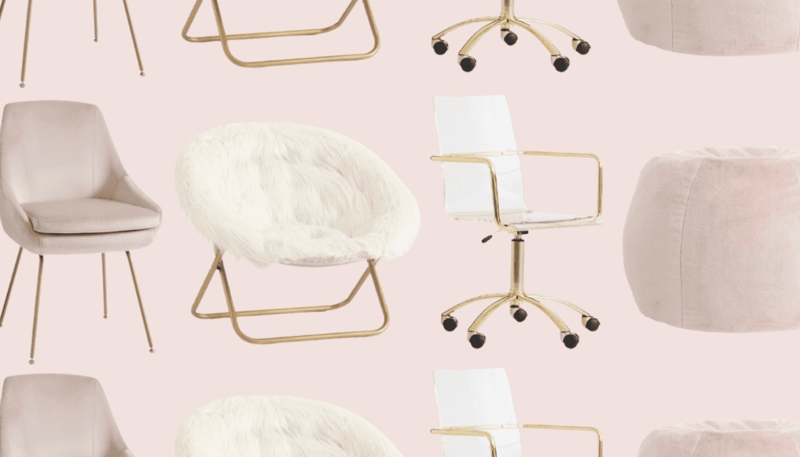 Dorm Chair White Shaggy Faux Fur with Polished Gold Metal Frame