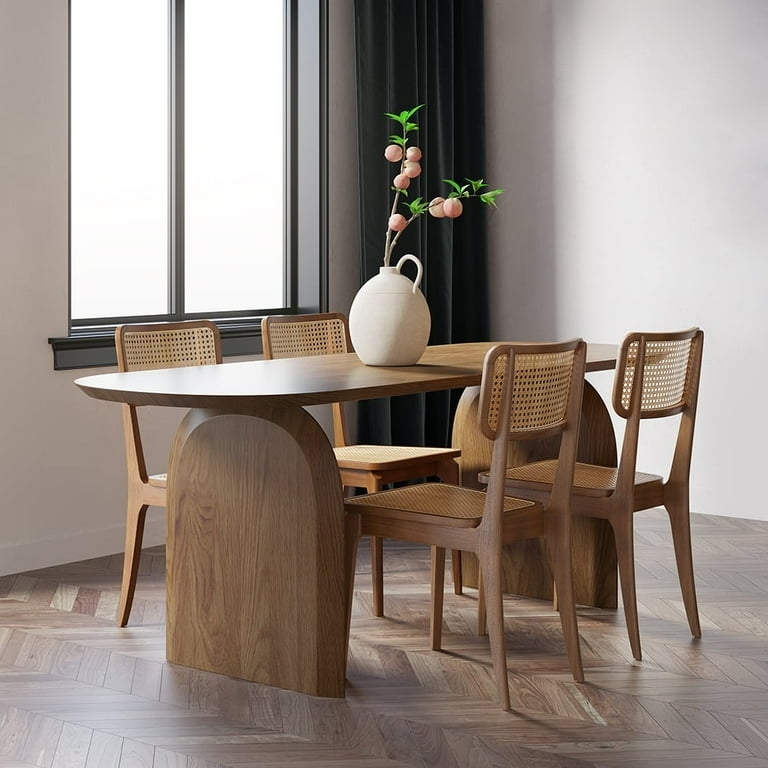 Double Arch Base Walnut Dining Table paired with Cane Back Chairs