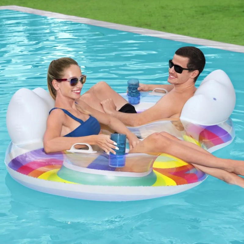 Double Pool Float Cloud Headrests Rainbow Pattern Inflatable Lounger
