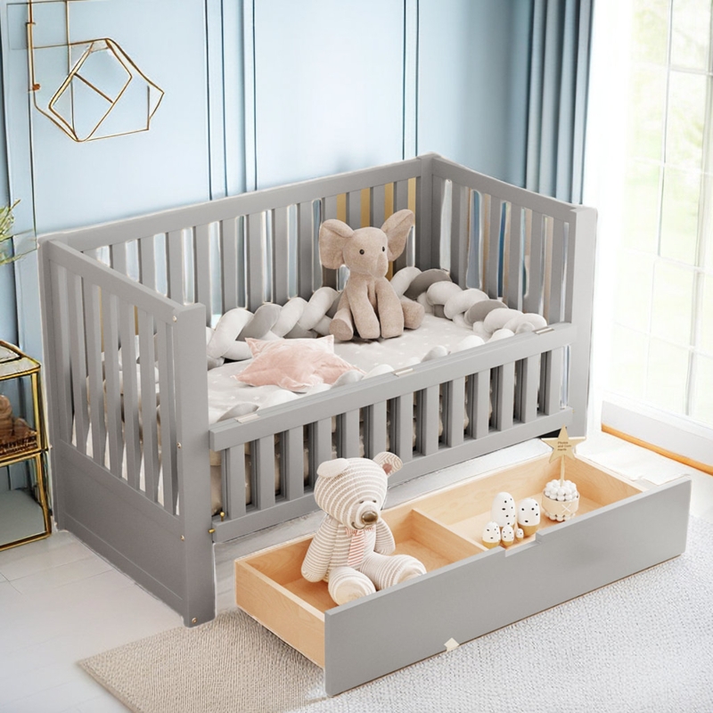 Dove Gray Crib with Integrated Underbed Storage Drawer