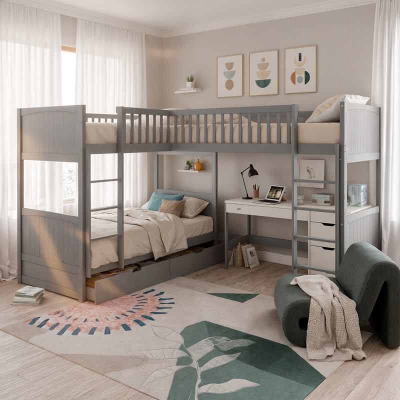 Dove Grey L-Shaped Bunk Bed with Built-In Study Area and Desk
