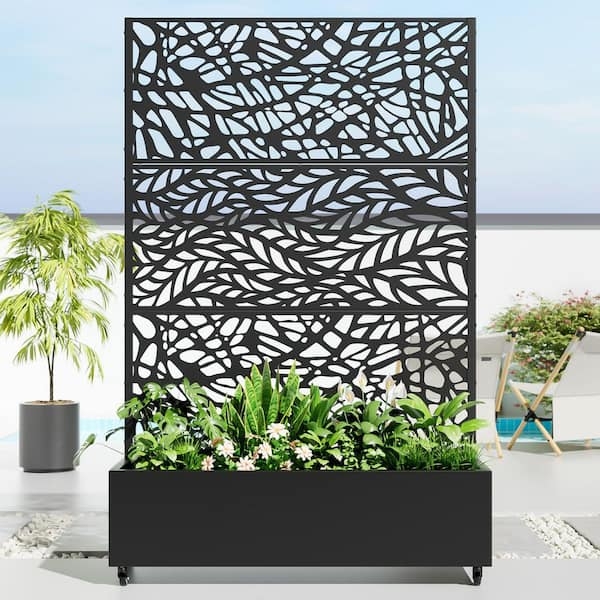 Dovelina 73 in. Black 3-Panel Metal Iron Planter Box with Attached Trellis for Climbing Vegetation Room Divider