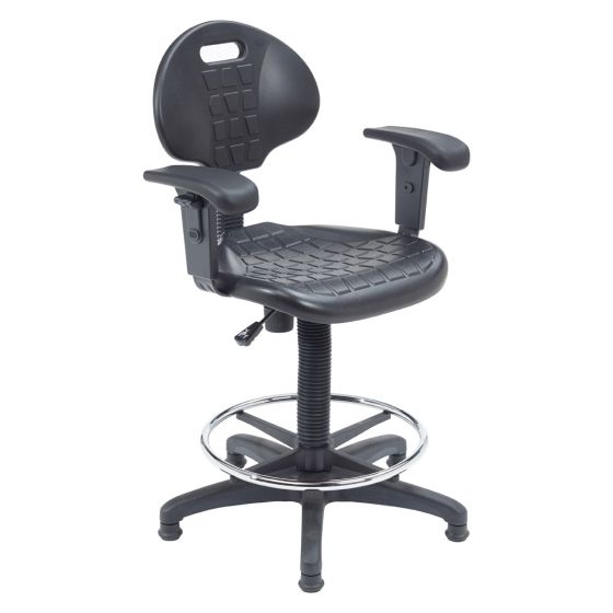 Drafting Stool Industrial Black Polyurethane Textured Grid Seat Arms