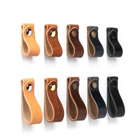 Drawer Pulls Tan Leather Loop Strap with Snap Detail