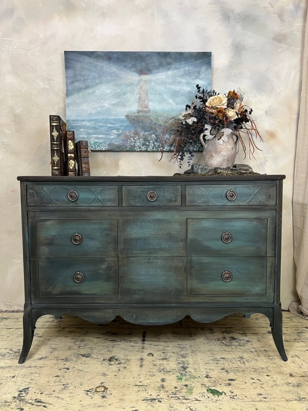 Dresser Buffet with Moody Teal Blended Patina and Scalloped Apron