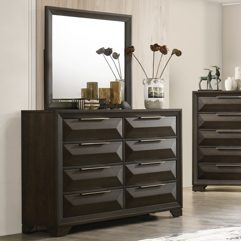 Dresser Mirror Set Faceted Drawers Eight Drawer Espresso Wood