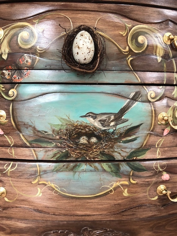 Dresser: Whimsical Teal with Hand-Painted Mockingbird & Bird Nest Handle