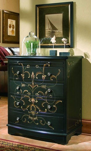 Dresser with Black Painted Finish and Gold Botanical Filigree