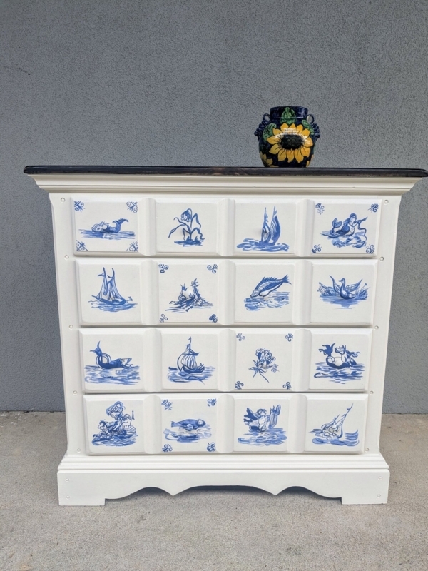 Dresser with Delft Tile Inspired Nautical Motifs and Raised Panels