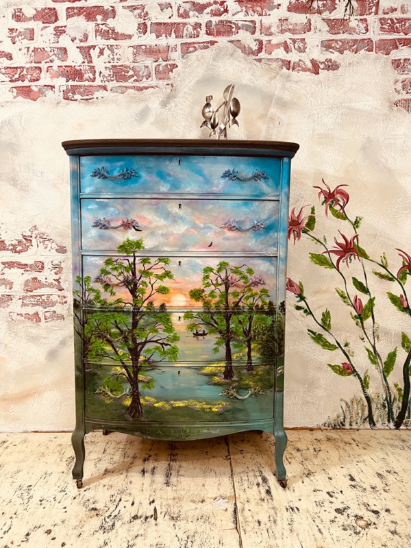 Dresser with Hand Painted Sunset Landscape Mural and Cabriole Legs