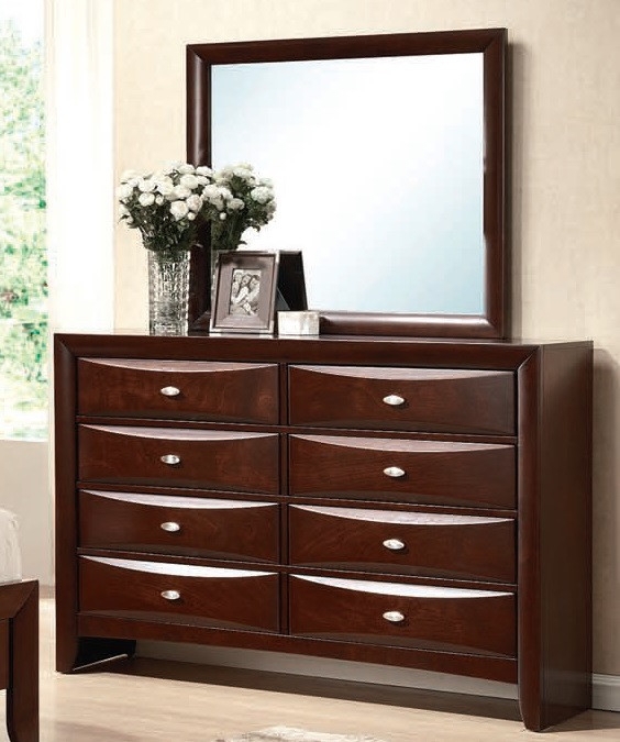 Dresser with Mirror Bowed Drawer Fronts Oval Knobs Espresso