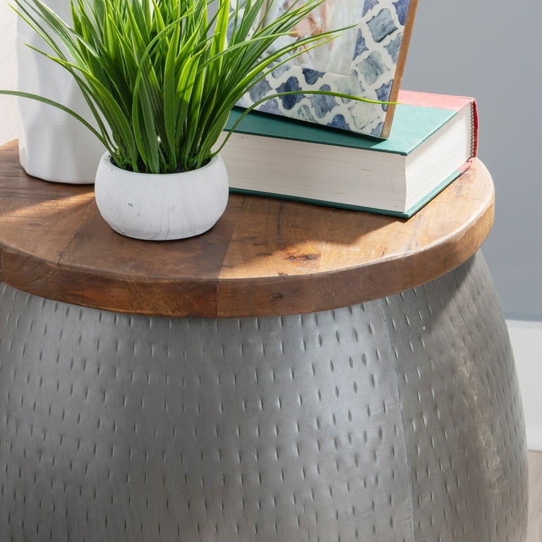 Drum Accent Table Hammered Metal Wood Top Mixed Material Industrial