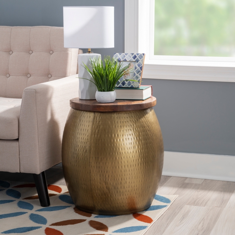 Drum Accent Table Storage Base Hammered Metal Wood Top